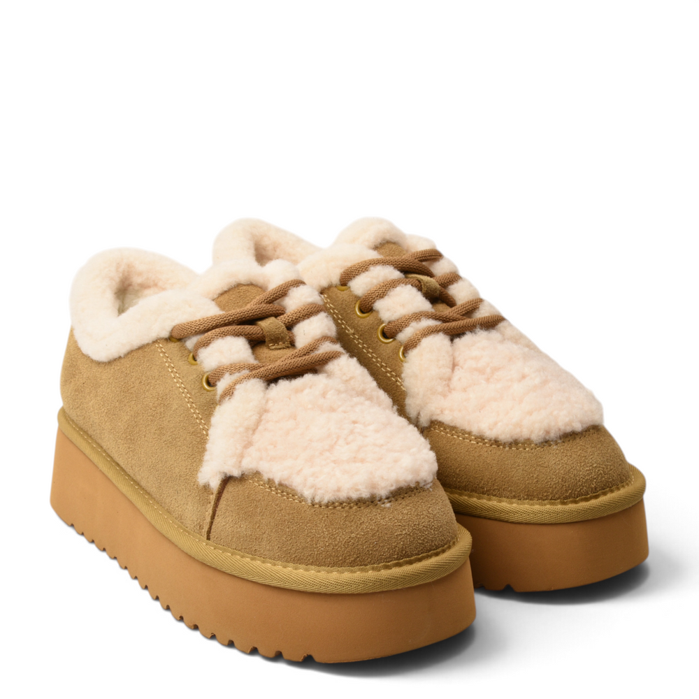 ada-shoes.ro brown suede platform boots with cream faux fur trim and laces for a cozy casual winter look