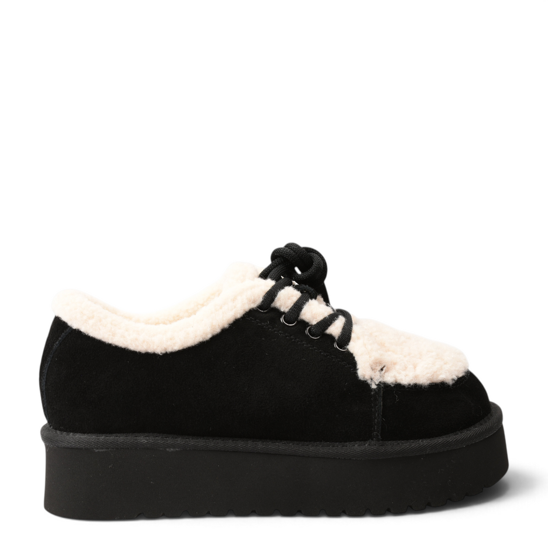 ada-shoes.ro black suede platform shoes with cream faux fur lining and laces, side view