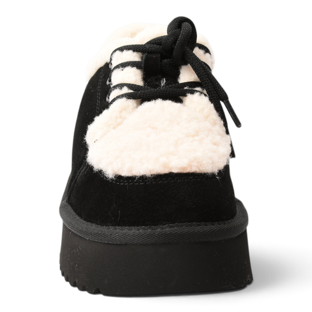 ada-shoes.ro black suede ankle boots with fluffy white faux fur trim and thick platform sole, front view