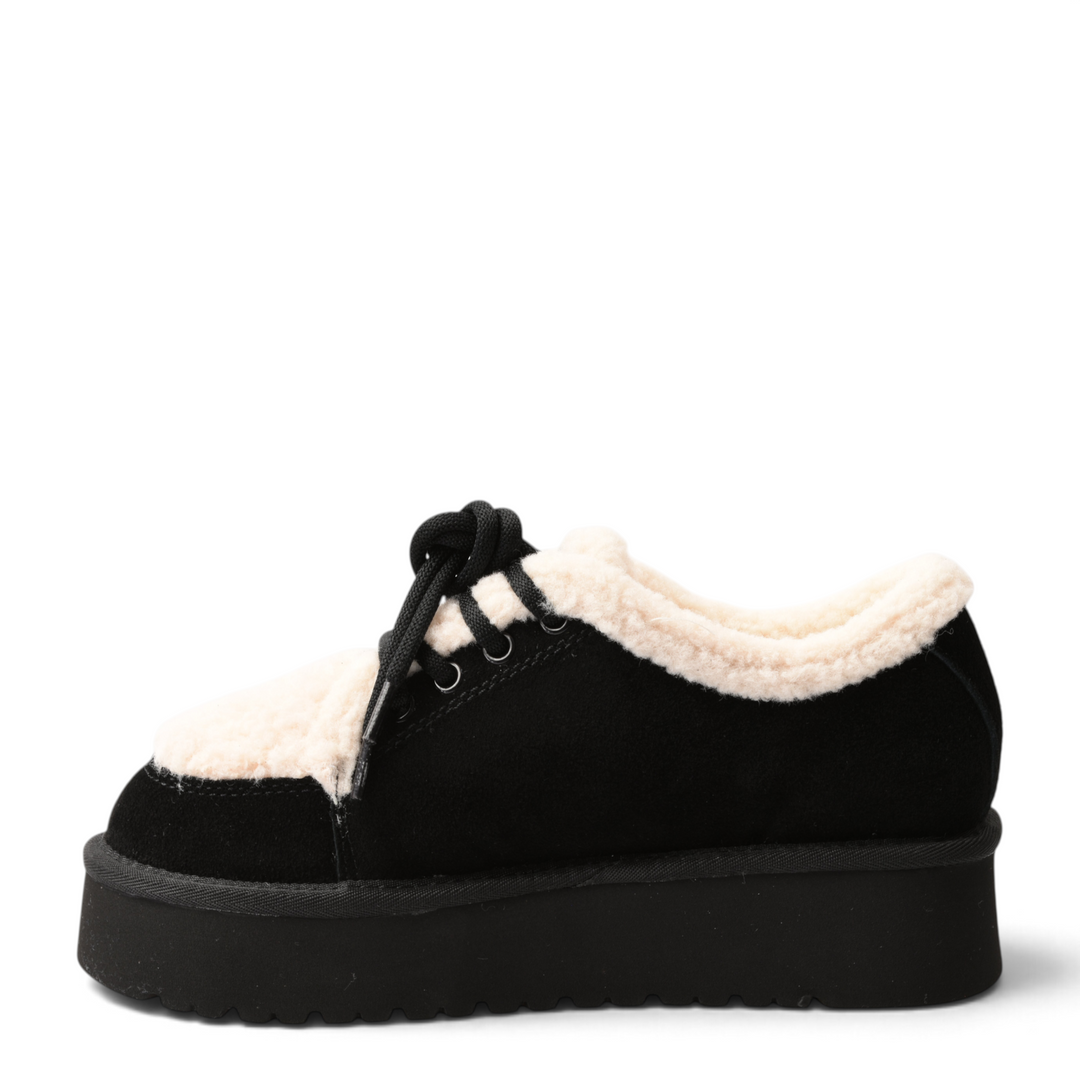 ada-shoes.ro black suede platform boots with fluffy cream faux fur lining and lace-up closure, side view