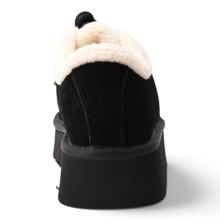 ada-shoes.ro black suede ankle boots with thick platform sole and soft cream faux fur lining, back view