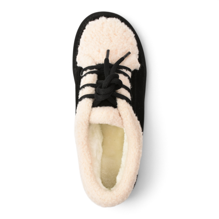ada-shoes.ro black suede ankle boots with cream faux fur lining and laces, top view