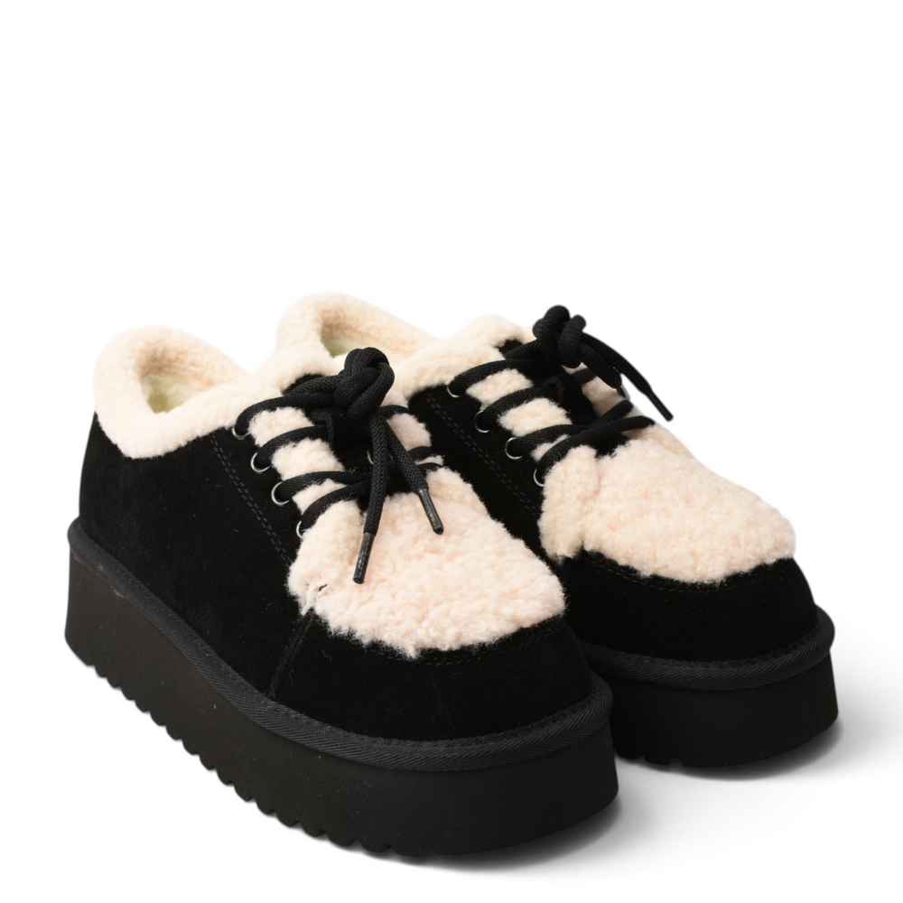 ada-shoes.ro black suede platform shoes with cream faux fur trim and lace-up closure for a casual winter look