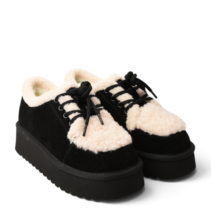 ada-shoes.ro black suede platform shoes with cream faux fur trim and lace-up closure for a casual winter look