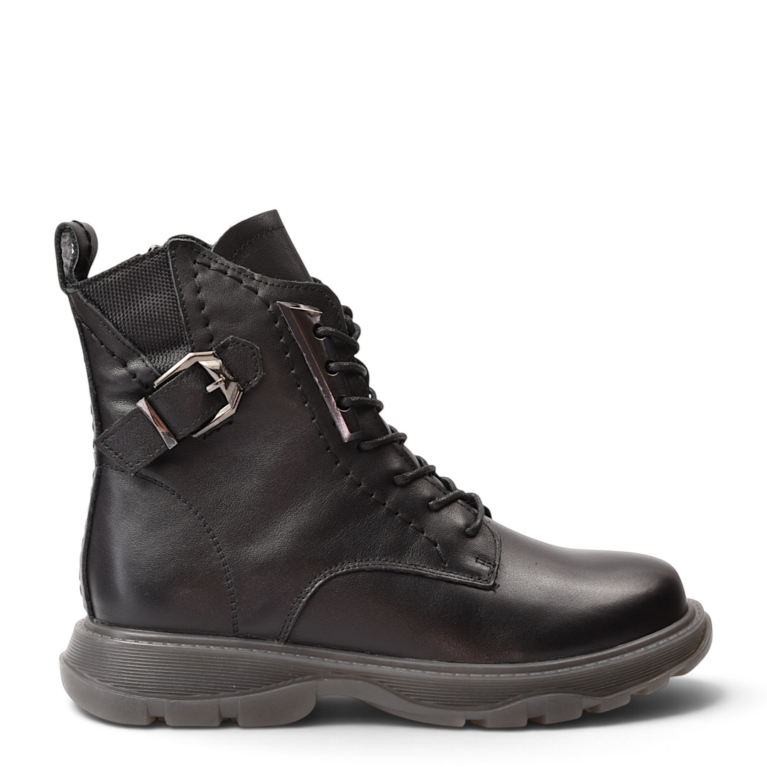ada-shoes.ro black leather casual ankle boots with side zipper, laces, and decorative buckle detail