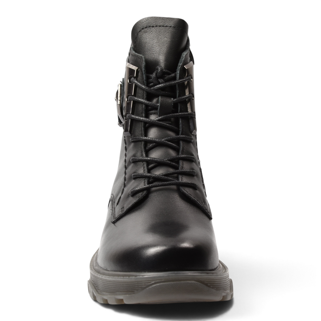 ada-shoes.ro black leather casual ankle boots for women with laces, side zipper, and a flexible 3 cm sole