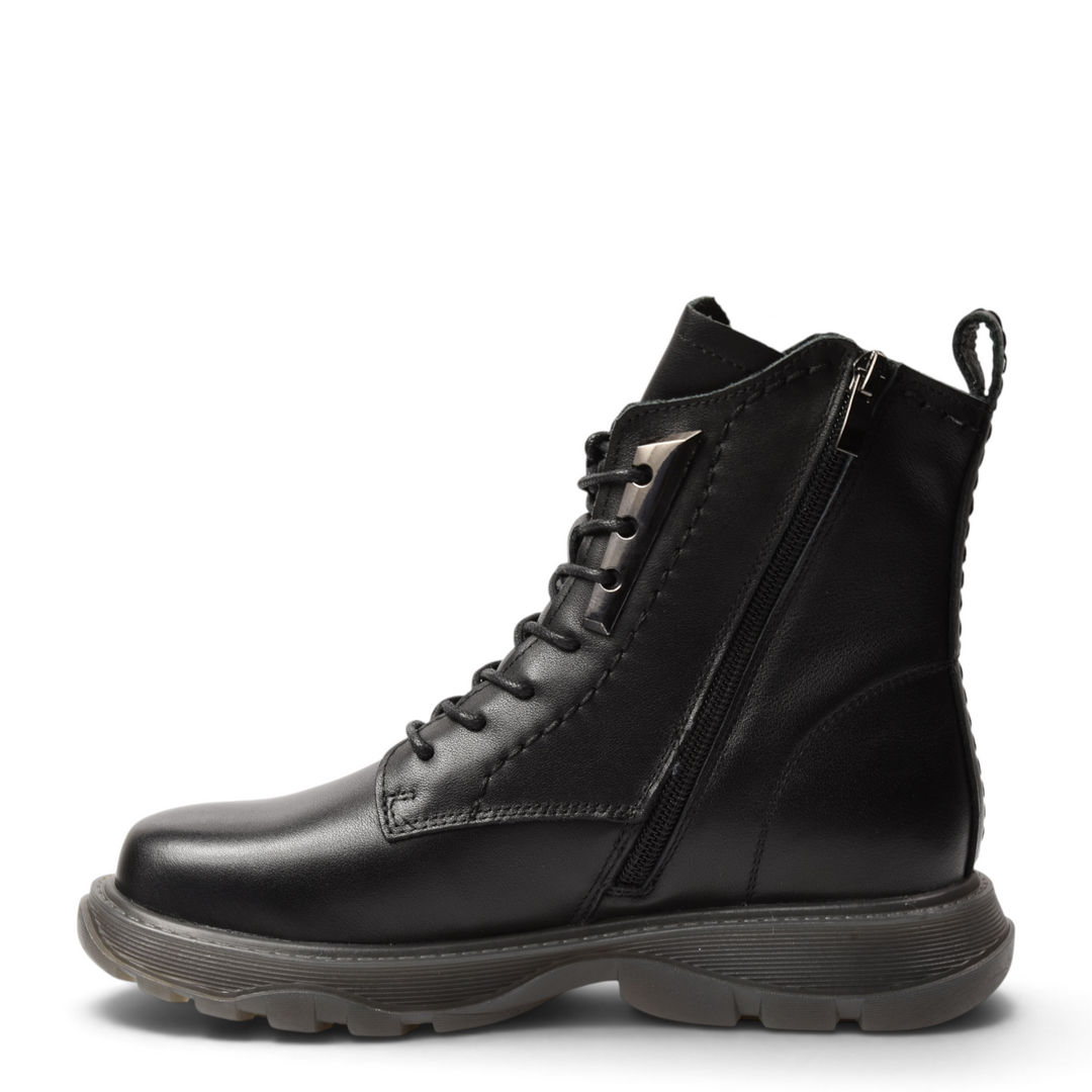 ada-shoes.ro black leather casual ankle boots with side zipper, laces, and a flexible 3cm sole for women