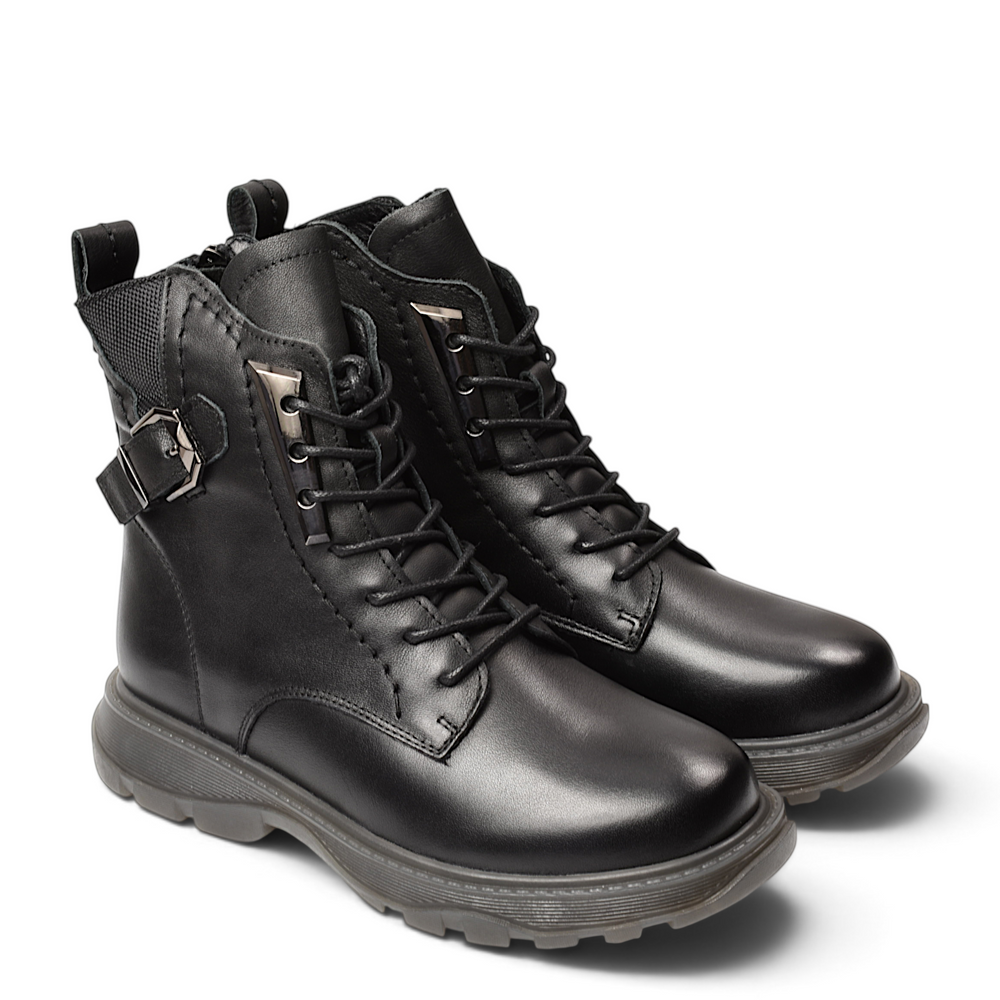 ada-shoes.ro black leather casual ankle boots with laces, side zipper, and decorative buckle detail