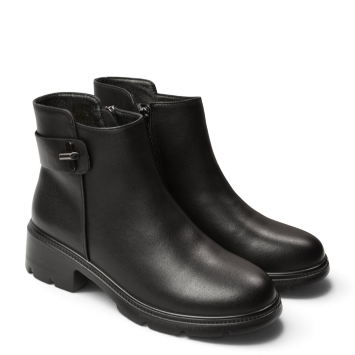 ada-shoes.ro black leather casual ankle boots for women with side zipper and decorative buckle detail