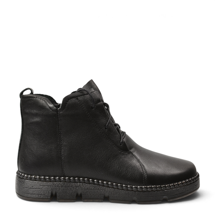 ada-shoes.ro black leather casual ankle boots with side zipper, laces, and a flexible 2.5 cm sole for women