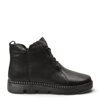 ada-shoes.ro black leather casual ankle boots with side zipper, laces, and a flexible 2.5 cm sole for women
