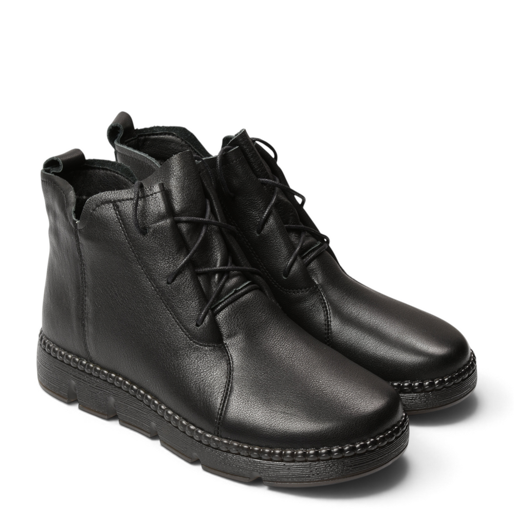 ada-shoes.ro black leather casual ankle boots with laces and side zipper, featuring a flexible 2.5 cm platform sole.