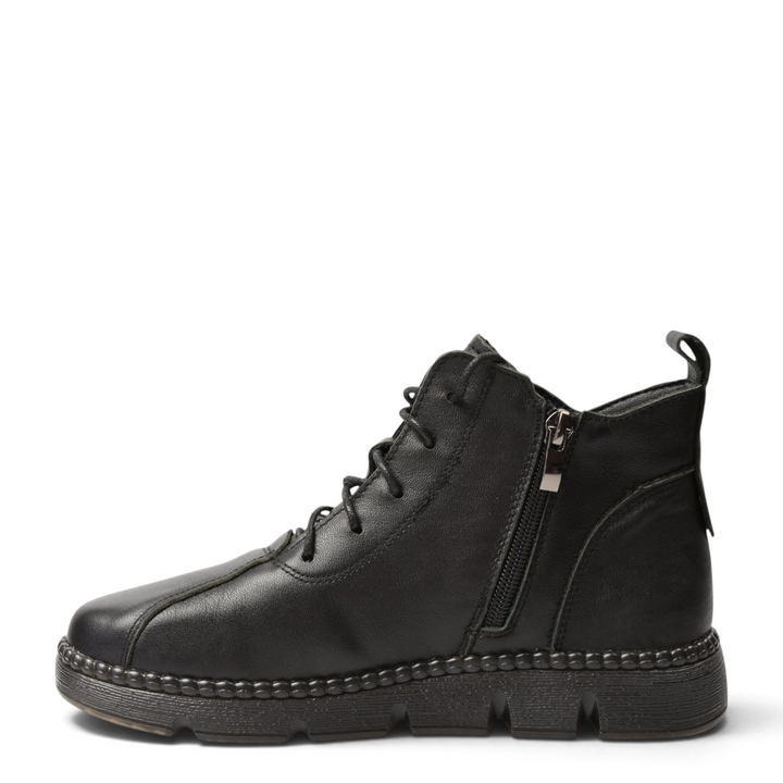 ada-shoes.ro black leather casual ankle boots with side zipper, laces, and a flexible 2.5 cm sole