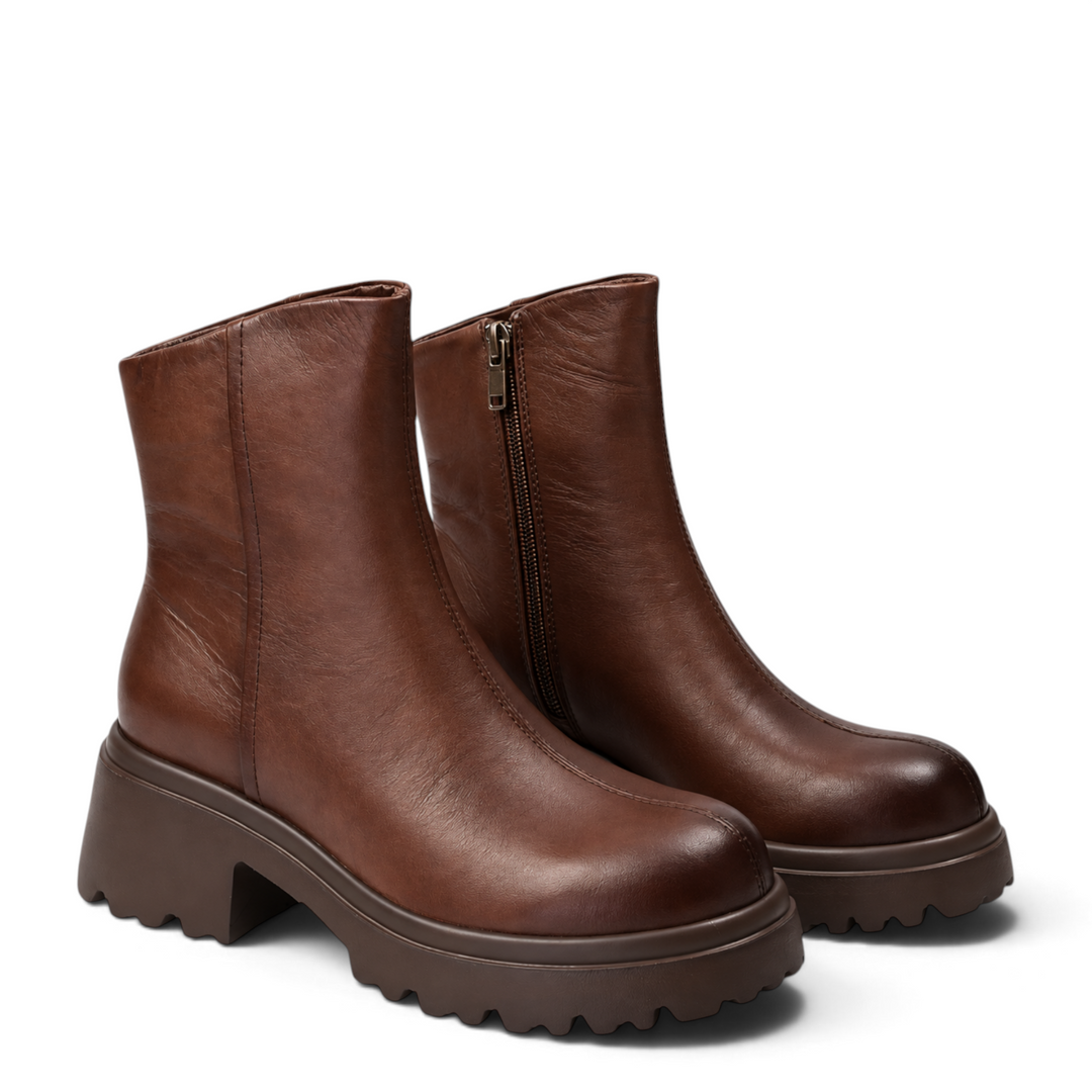 ada-shoes.ro brown leather casual ankle boots with side zipper and chunky lug sole for women