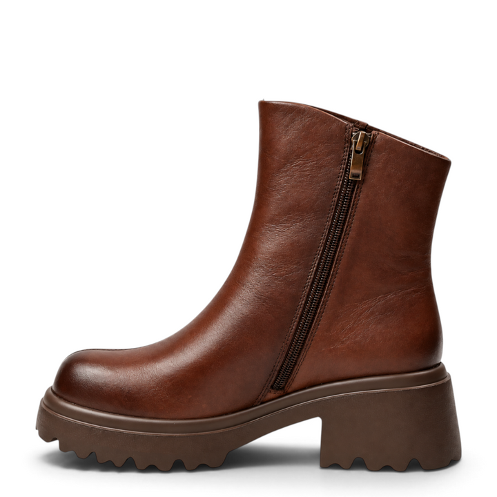 ada-shoes.ro brown leather casual ankle boots with side zipper and chunky lug sole for women