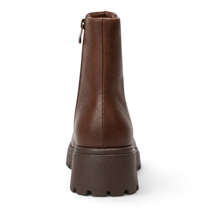 Back view of brown leather Ada Shoes 83125 casual ankle boots with a thick lug sole and side zipper