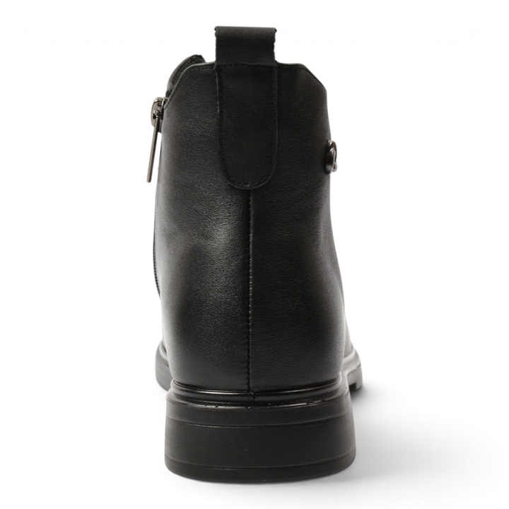 ada-shoes.ro black leather ankle boots with a rear pull tab and side zipper, shown from the back view.