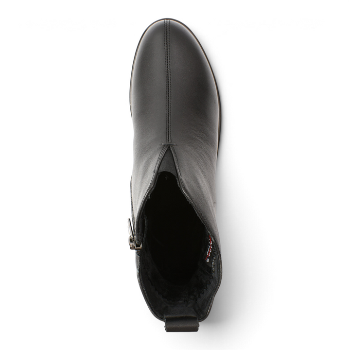 Top view of black leather Pass Collection ankle boots with a central seam and side zipper, available at ada-shoes.ro