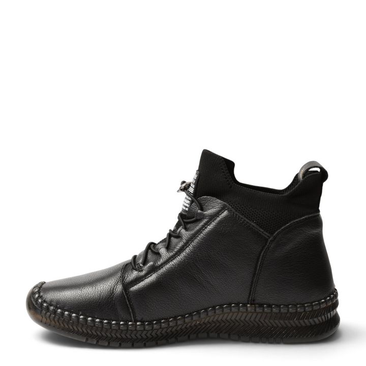 ada-shoes.ro black leather casual ankle boots with elastic laces, side zipper, and flexible textured sole