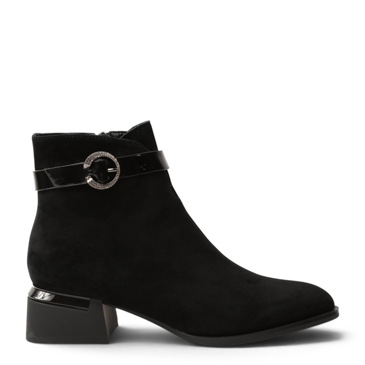 ada-shoes.ro Epica black suede ankle boots with a patent leather strap, crystal buckle, and block heel.