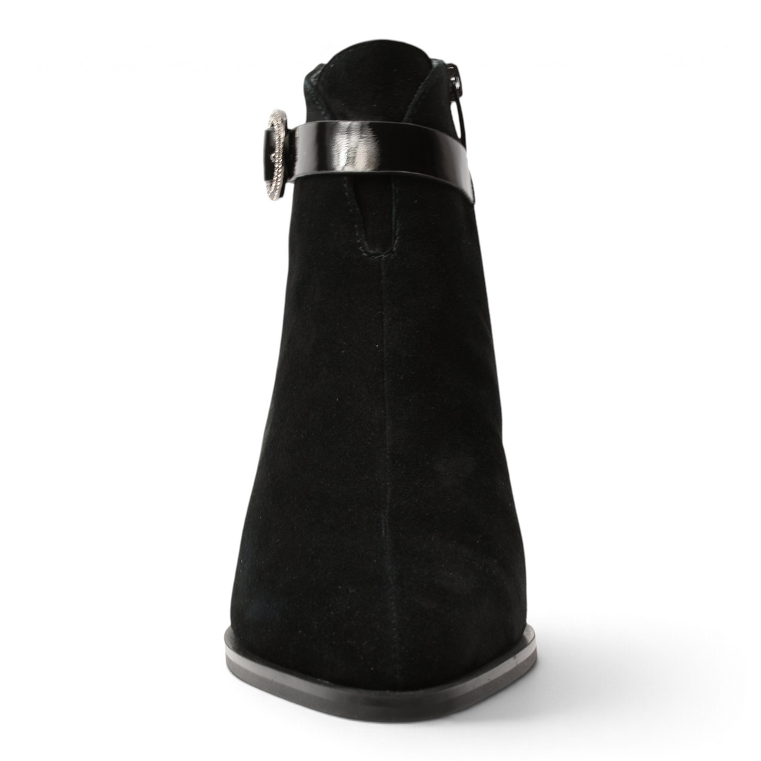 ada-shoes.ro black suede ankle boots with a patent leather strap, crystal buckle, and block heel, front view.