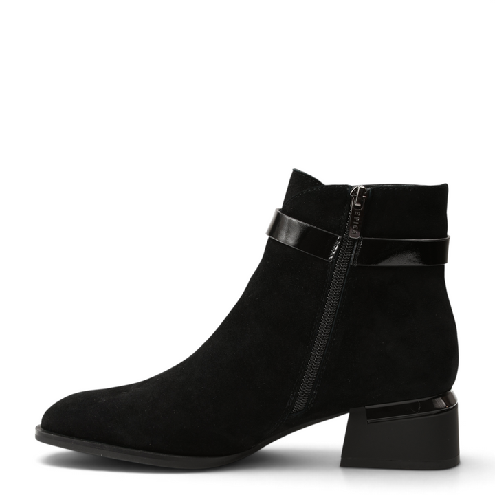 ada-shoes.ro Epica black suede ankle boots with patent leather strap and block heel, side view