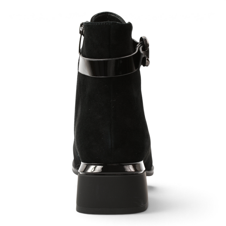 ada-shoes.ro black suede ankle boots with a patent leather strap, crystal buckle, and metallic heel detail, back view