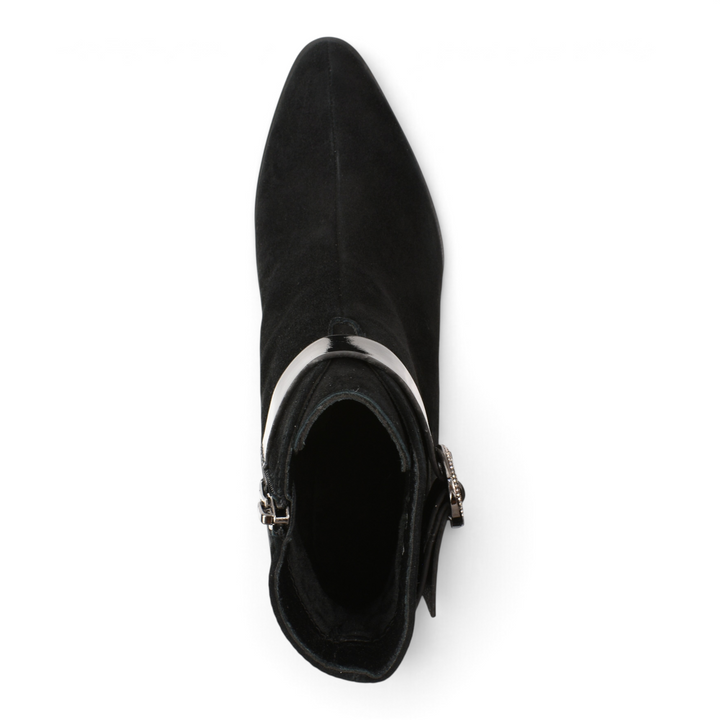 Top view of black suede Epica ankle boots from ada-shoes.ro, featuring a patent leather strap and crystal buckle.