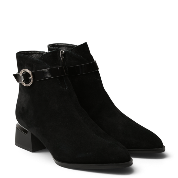 ada-shoes.ro Epica black suede ankle boots with a patent leather strap, crystal buckle, and block heel.