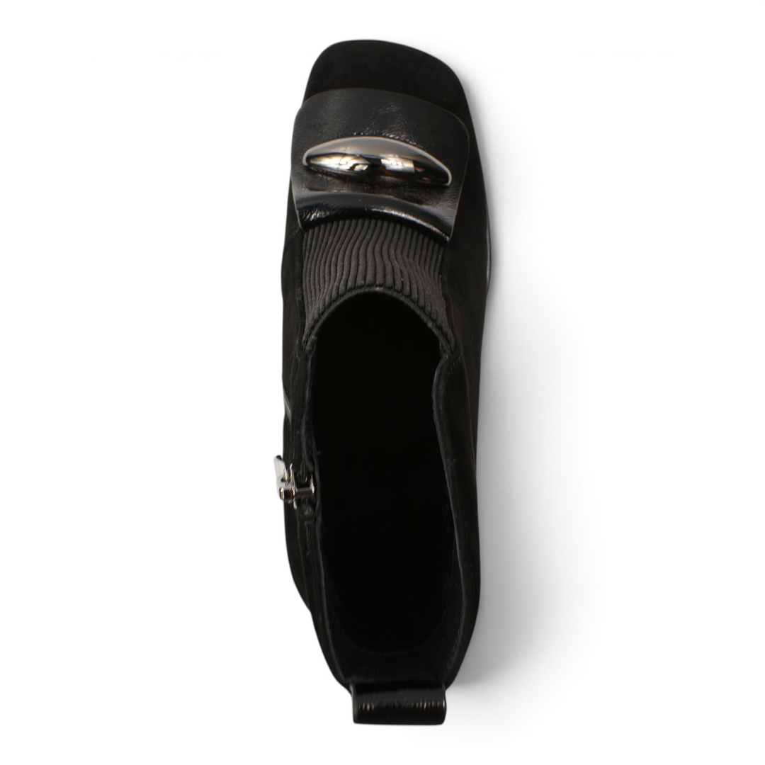 ada-shoes.ro black suede ankle boots with a metallic decorative accent and elastic side panel, top-down view.