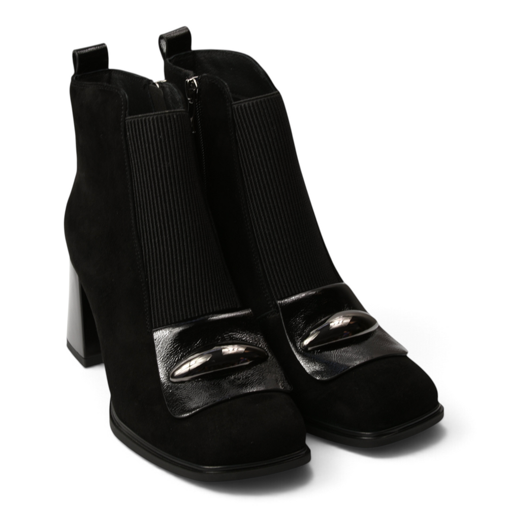 ada-shoes.ro black suede ankle boots with a block heel, elastic side panels, and a decorative metallic front detail.