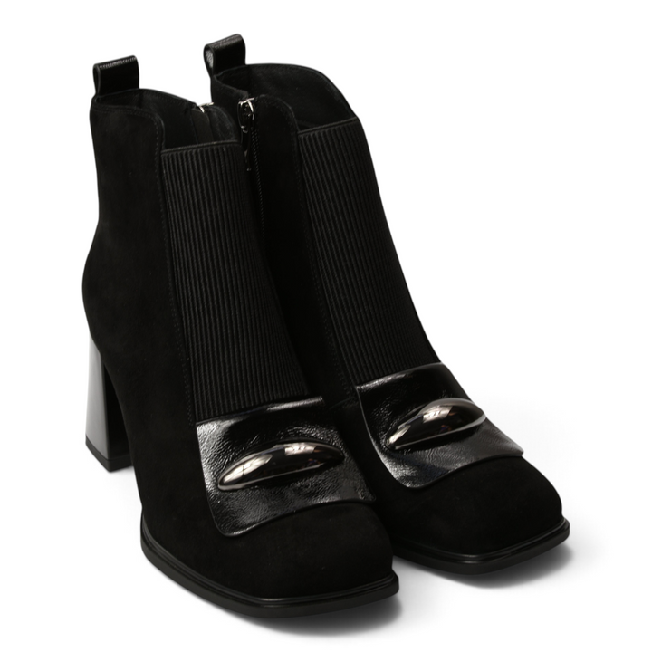 ada-shoes.ro black suede ankle boots with a block heel, elastic side panels, and a decorative metallic front detail.
