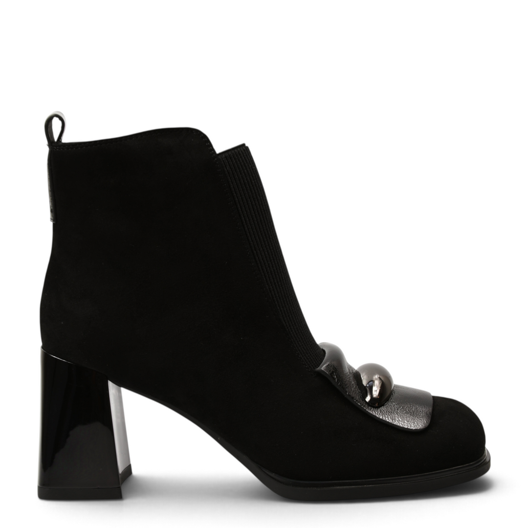 ada-shoes.ro black suede ankle boots with a chunky heel, elastic side panel, and a decorative metallic front detail.