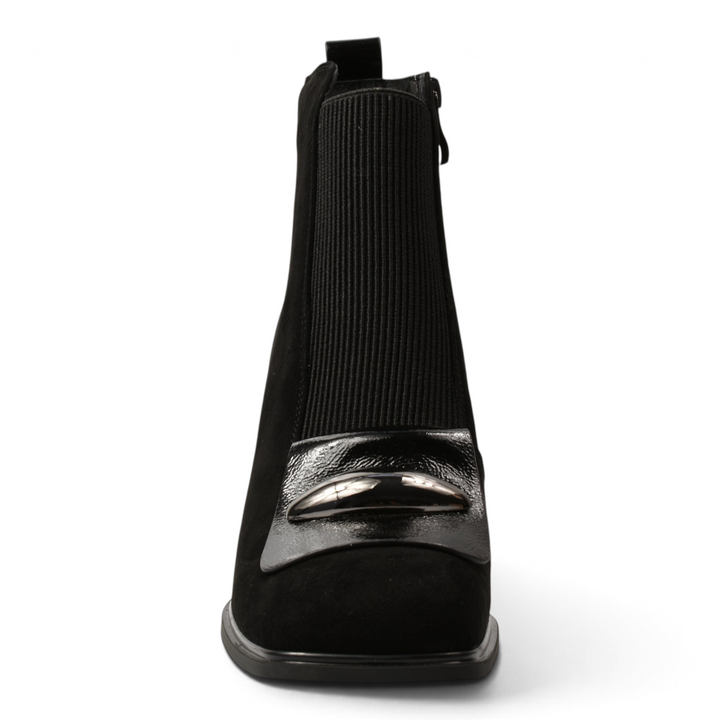 ada-shoes.ro black suede ankle boots with a metallic decorative detail and elastic side panel on a white background