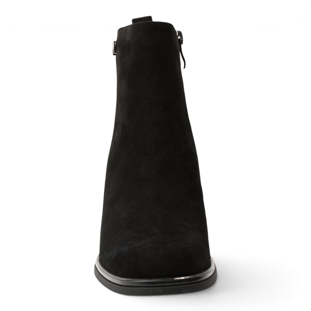 ada-shoes.ro black suede ankle boots with a stable block heel and minimalist design, front view
