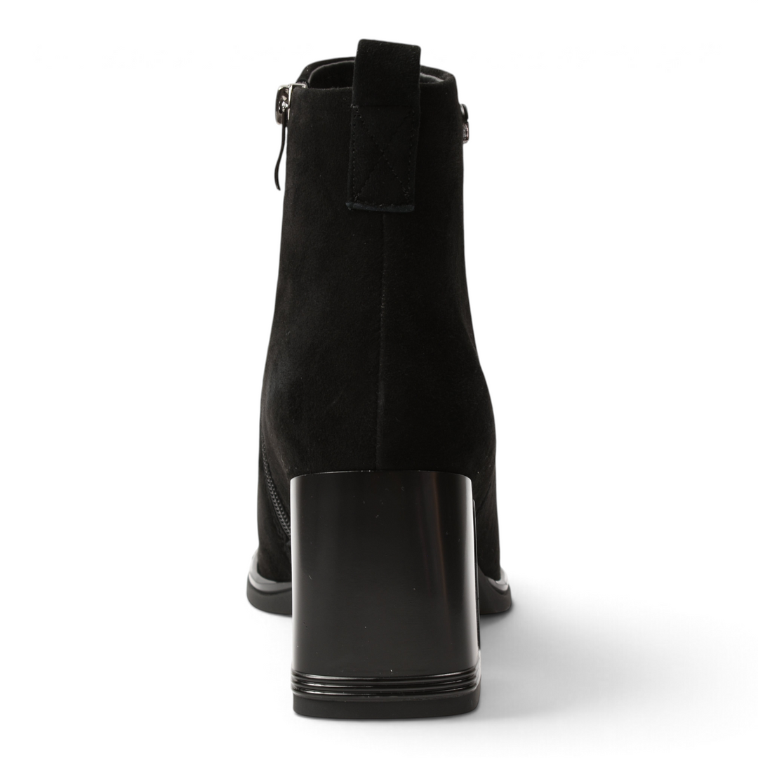 ada-shoes.ro black suede ankle boots with a stable block heel and side zipper, shown from the back view.