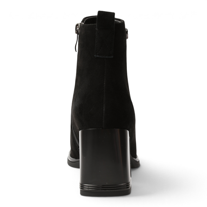 ada-shoes.ro black suede ankle boots with a stable block heel and side zipper, shown from the back view.
