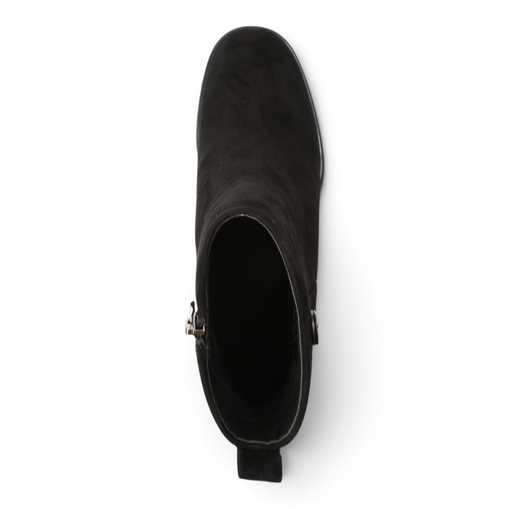 ada-shoes.ro black suede ankle boots with a rounded toe and side zipper, viewed from directly above.