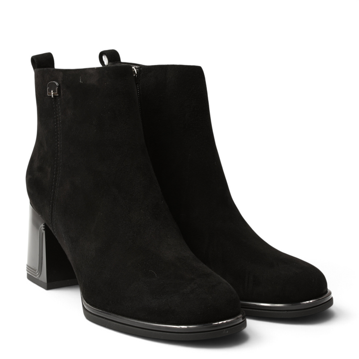 ada-shoes.ro black suede ankle boots with a stable block heel and geometric detail, featuring a side zipper.