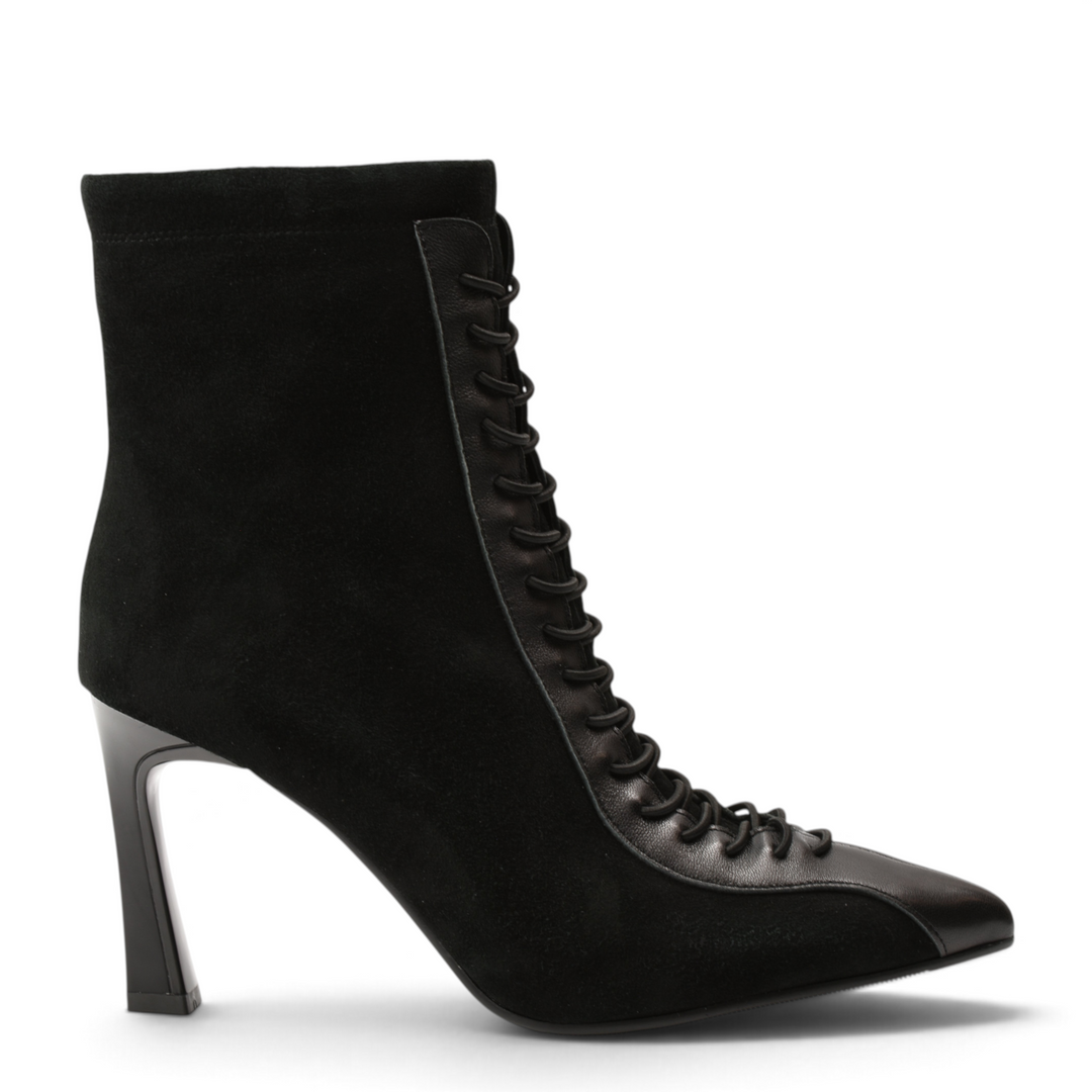 ada-shoes.ro black suede and leather ankle boots with a pointed toe, decorative front laces, and a high sculpted heel.