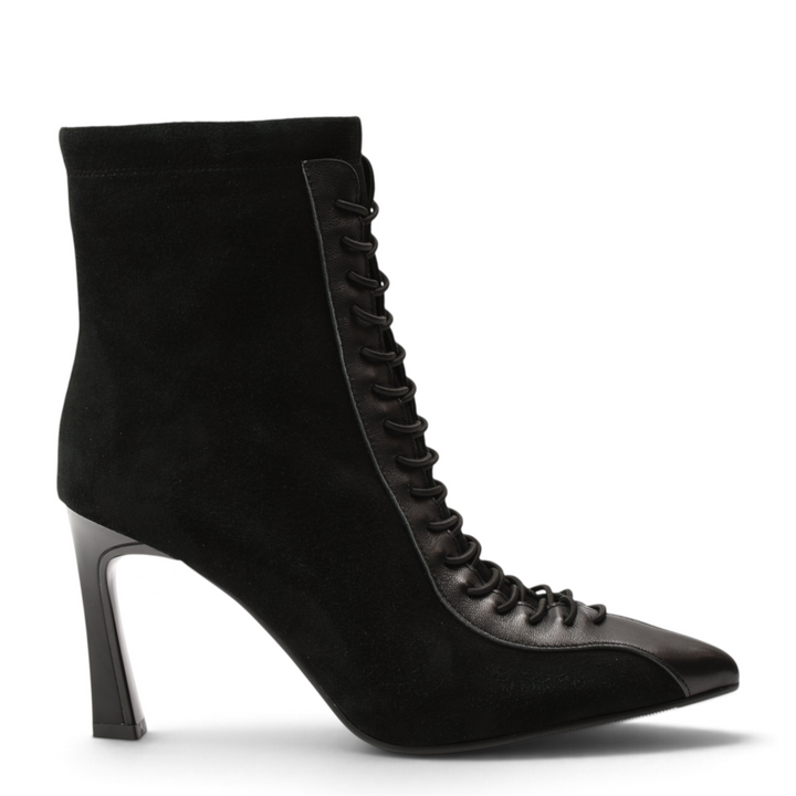 ada-shoes.ro black suede and leather ankle boots with a pointed toe, decorative front laces, and a high sculpted heel.