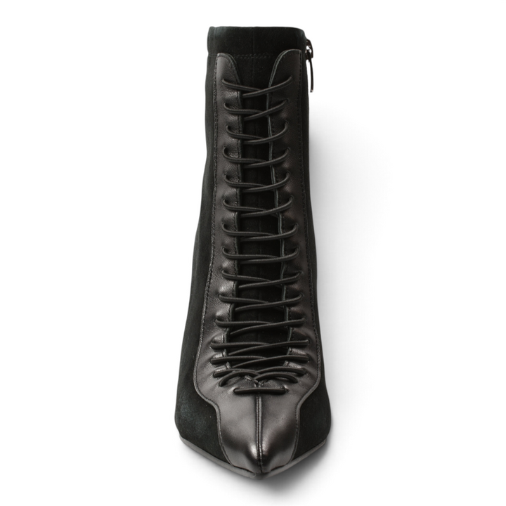 ada-shoes.ro black suede and leather ankle boots with decorative front laces and a pointed toe design