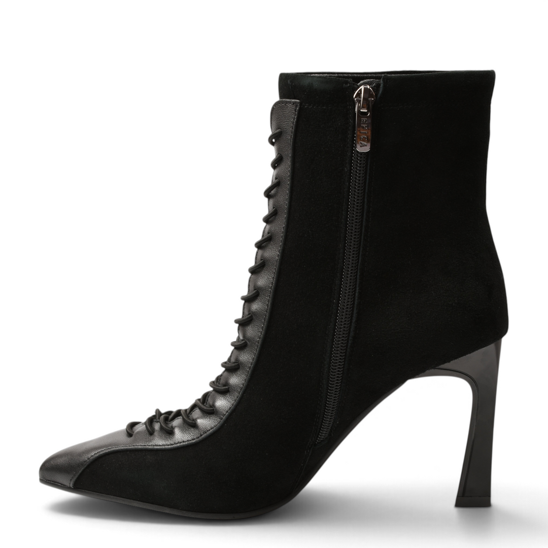ada-shoes.ro Epica black suede and leather ankle boots with pointed toe, decorative laces, and high sculpted heel