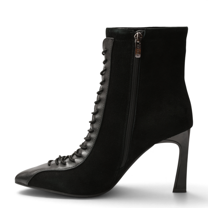 ada-shoes.ro Epica black suede and leather ankle boots with pointed toe, decorative laces, and high sculpted heel