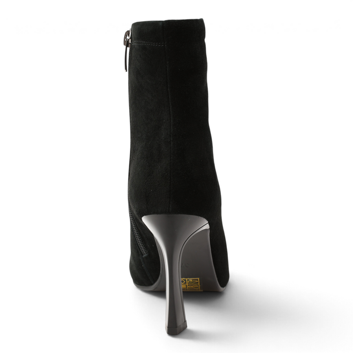 ada-shoes.ro Epica black suede ankle boots with a high sculpted heel, seen from the back on a white background.