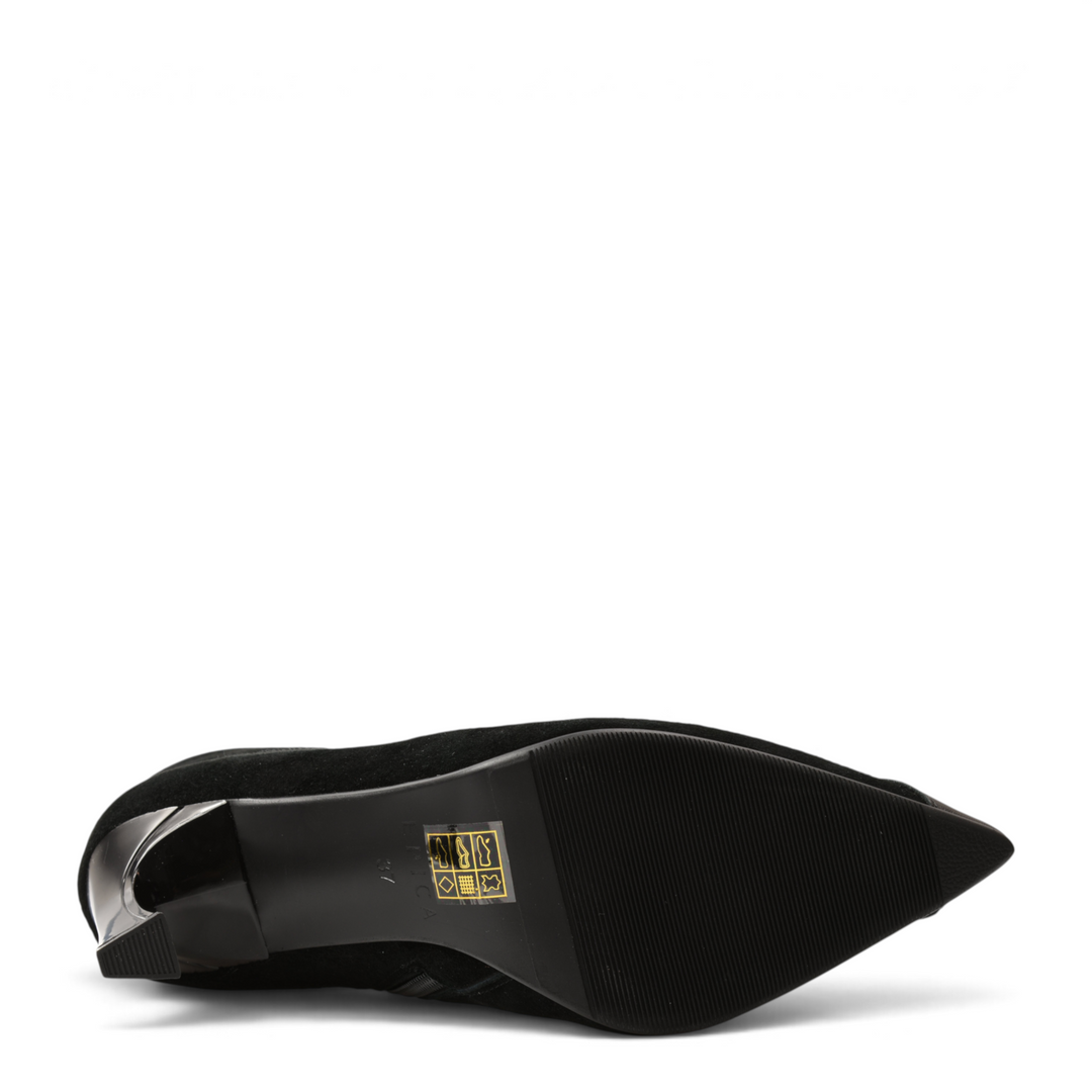 ada-shoes.ro Epica black suede and leather ankle boot with pointed toe and sculpted heel, sole view