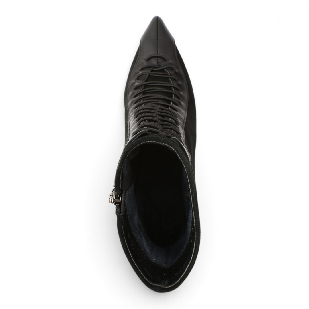 ada-shoes.ro Epica black suede and leather ankle boots with a pointed toe and decorative front laces.