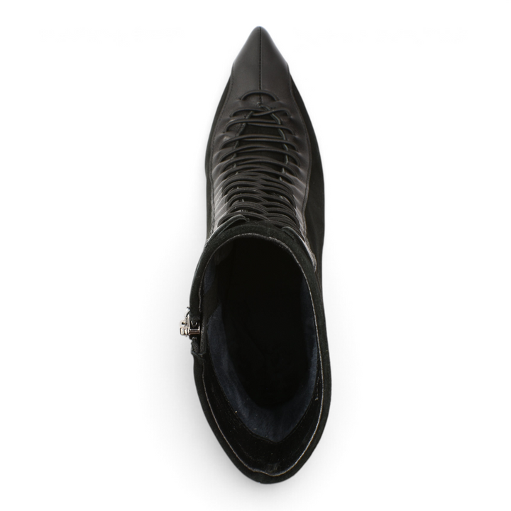 ada-shoes.ro Epica black suede and leather ankle boots with a pointed toe and decorative front laces.