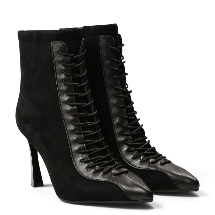 ada-shoes.ro Epica black suede and leather ankle boots with pointed toe, high heel, and decorative front lacing.