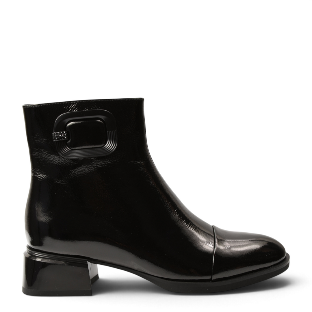 ada-shoes.ro black patent leather ankle boots with a decorative buckle and sculptural block heel